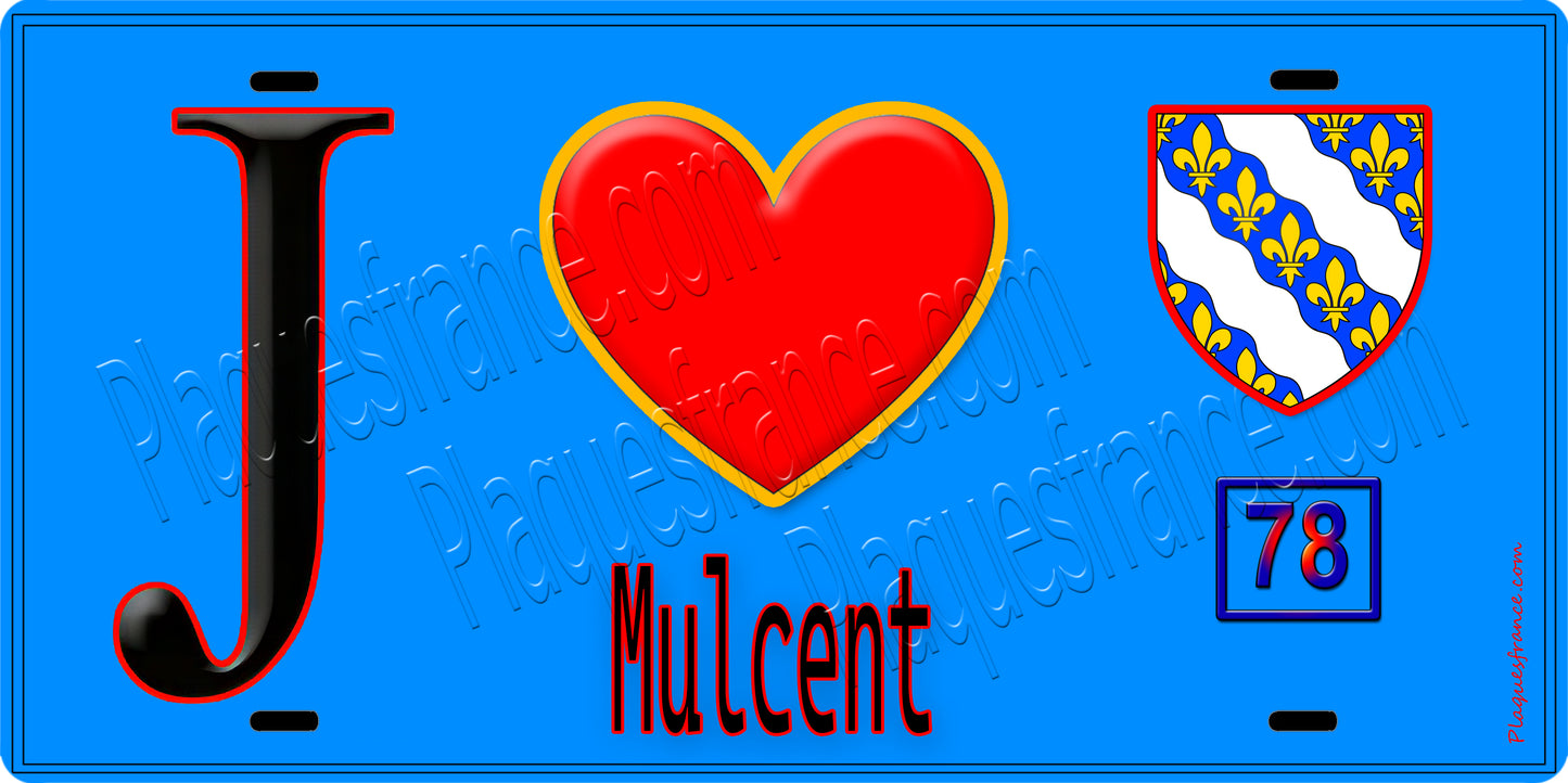 Plaque métal décorative J' ❤️ Mulcent, Yvelines (78) fond bleu