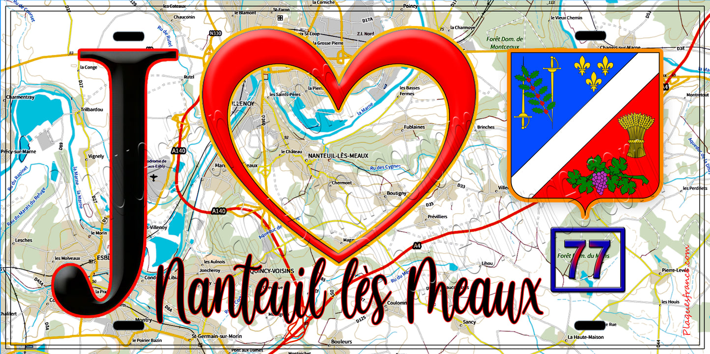 Plaque métal décorative J' ❤️Nanteuil-lès-Meaux, Seine et Marne (77) fond carte