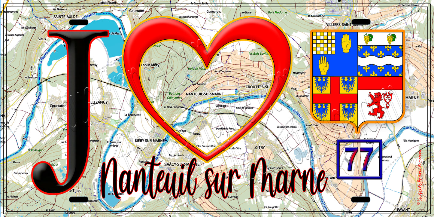 Plaque métal décorative J' ❤️Nanteuil-sur-Marne, Seine et Marne (77) fond carte