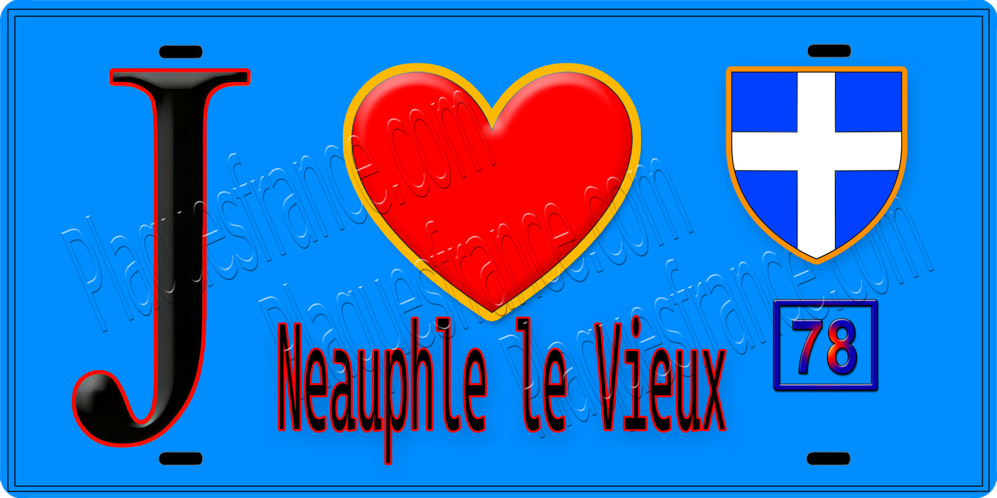 Plaque métal décorative J' ❤️ Neauphle-le-Vieux, Yvelines (78) fond bleu