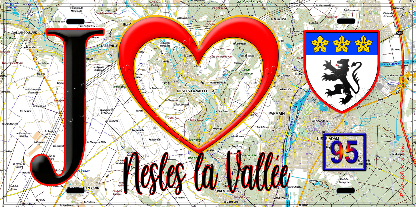 Plaque métal décorative J' ❤️Nesles-la-Vallée, Val d'Oise (95) fond carte