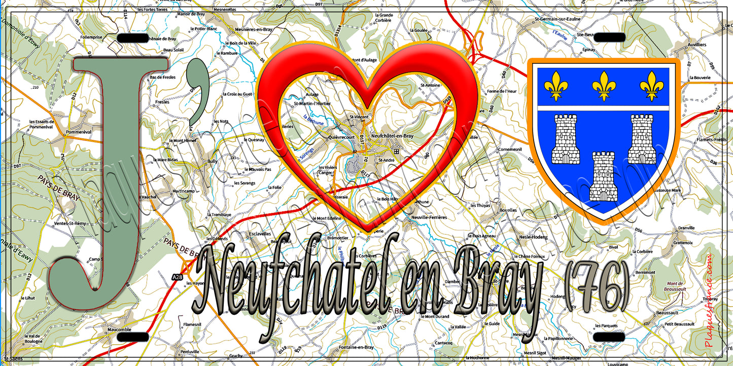 Plaque métal décorative 15X30 J' ❤️ Neufchatel en Bray, Seine Maritime (76) géo2