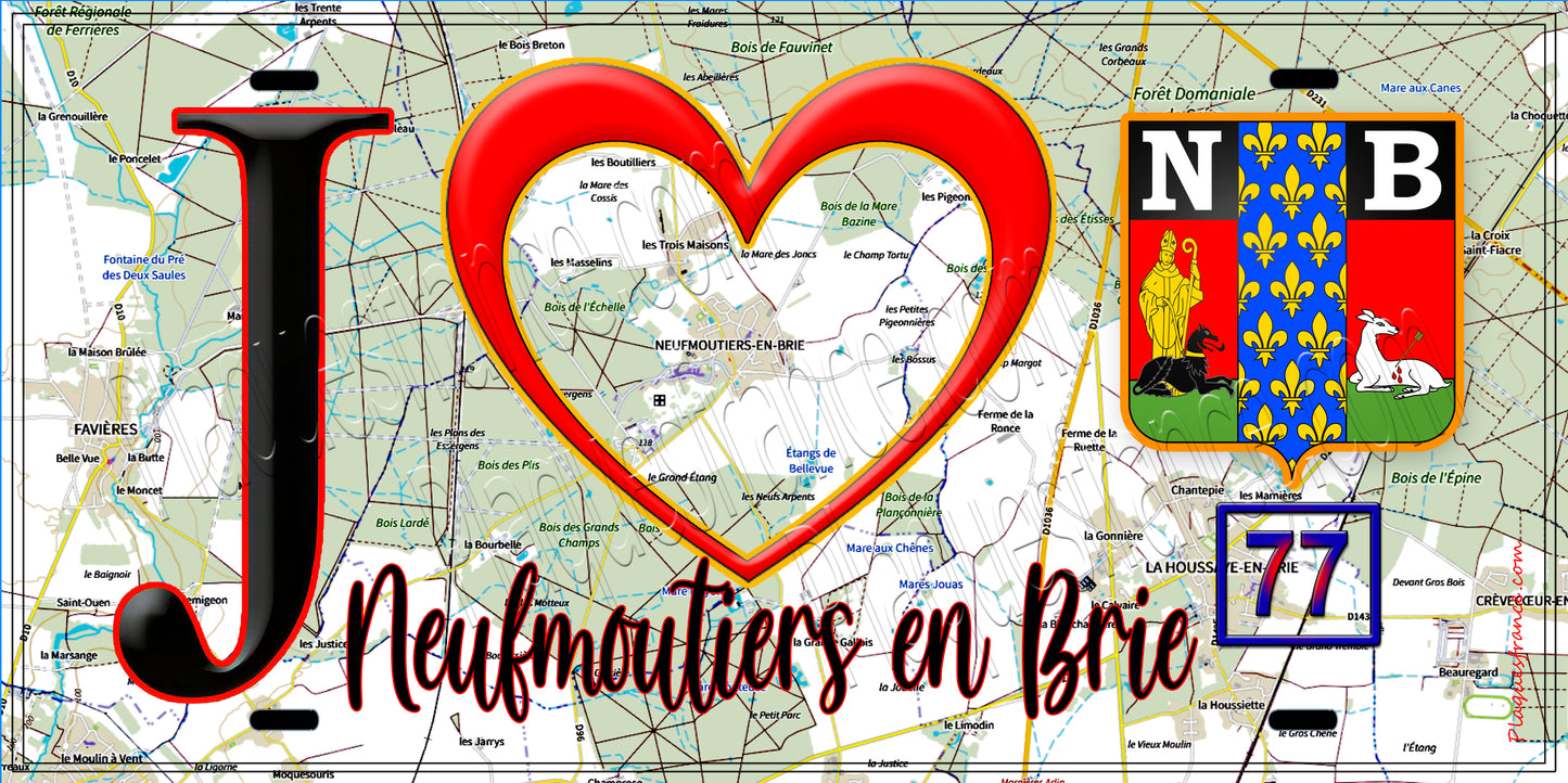 Plaque métal décorative J' ❤️Neufmoutiers-en-Brie, Seine et Marne (77) fond carte
