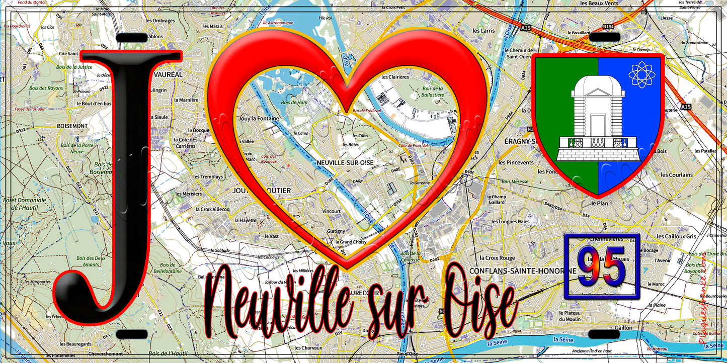 Plaque métal décorative J' ❤️Neuville-sur-Oise, Val d'Oise (95) fond carte
