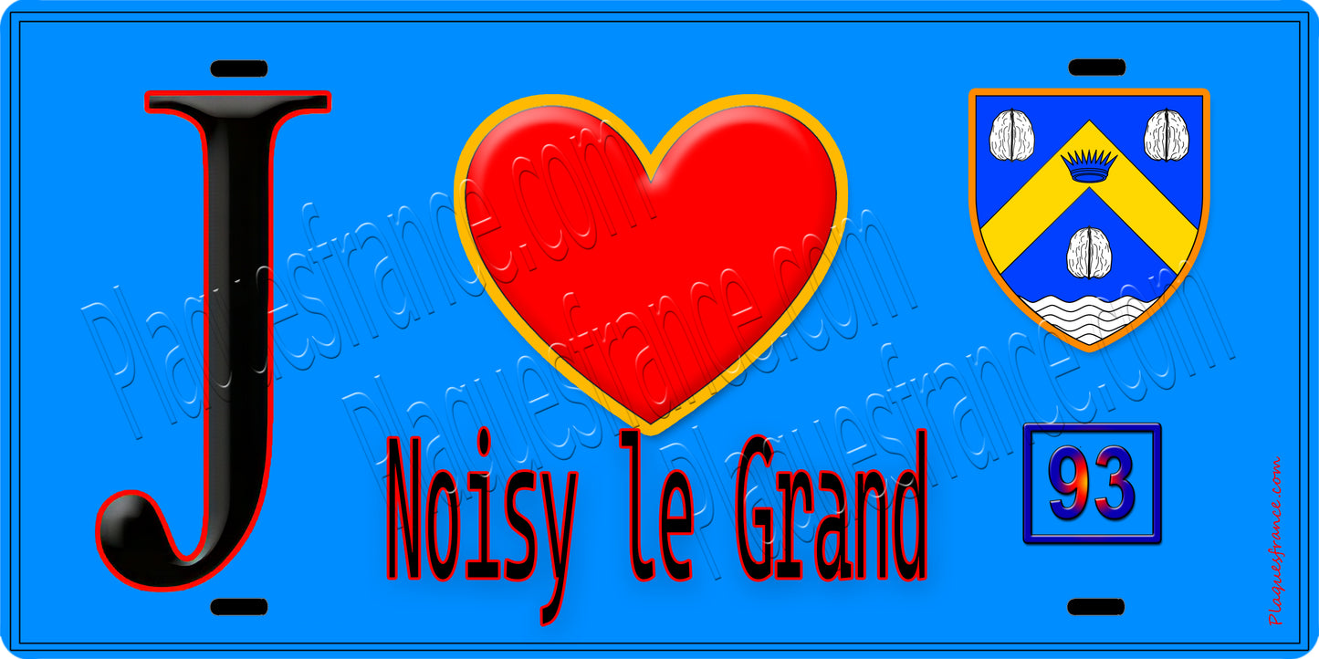 Plaque métal décorative J' ❤️Noisy-le-Grand, Seine Saint Denis (93) fond bleu