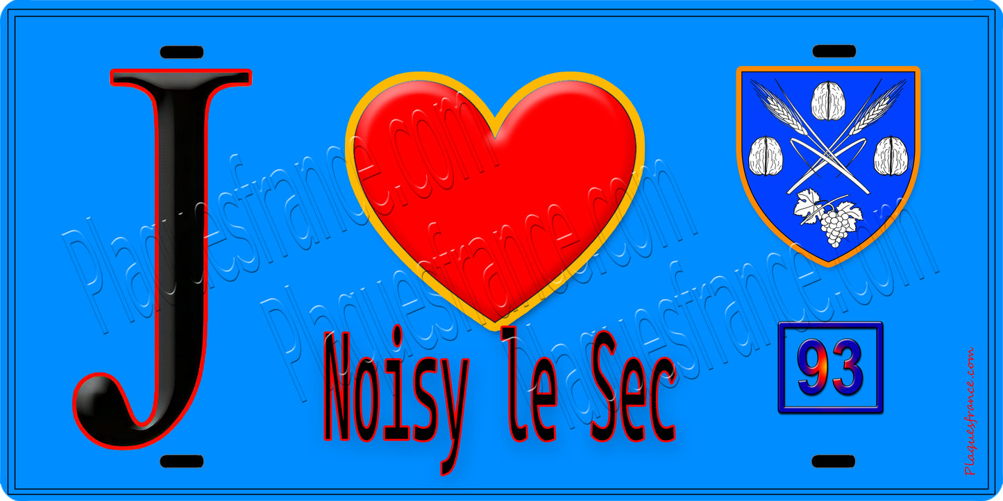 Plaque métal décorative J' ❤️Noisy-le-Sec, Seine Saint Denis (93) fond bleu