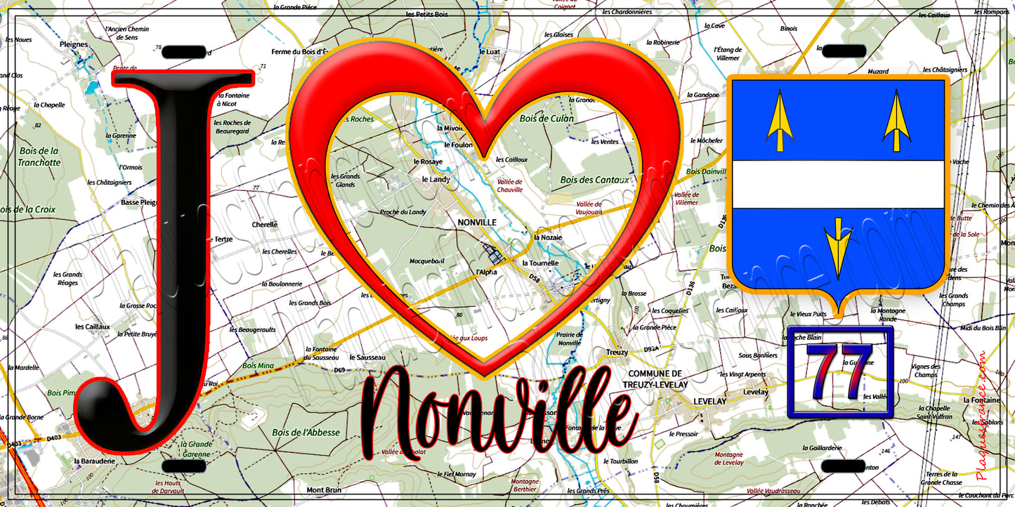 Plaque métal décorative J' ❤️Nonville, Seine et Marne (77) fond carte