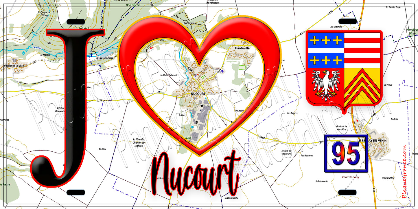 Plaque métal décorative J' ❤️Nucourt, Val d'Oise (95) fond carte