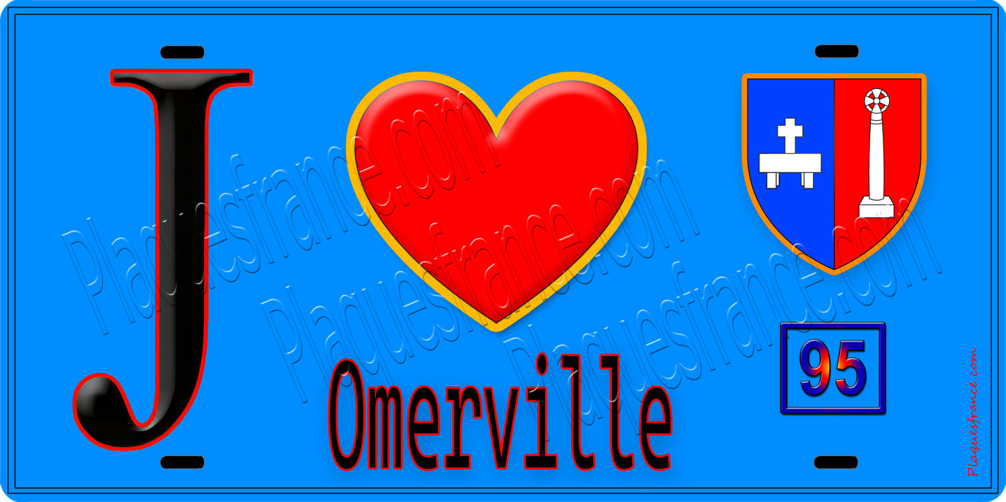 Plaque métal décorative J' ❤️Omerville, Val d'Oise (95) fond bleu