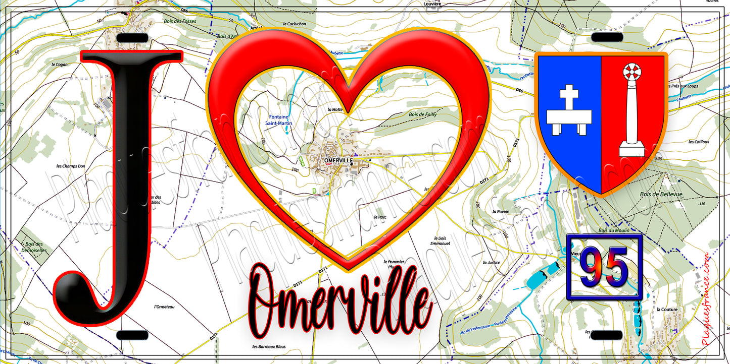 Plaque métal décorative J' ❤️Omerville, Val d'Oise (95) fond carte