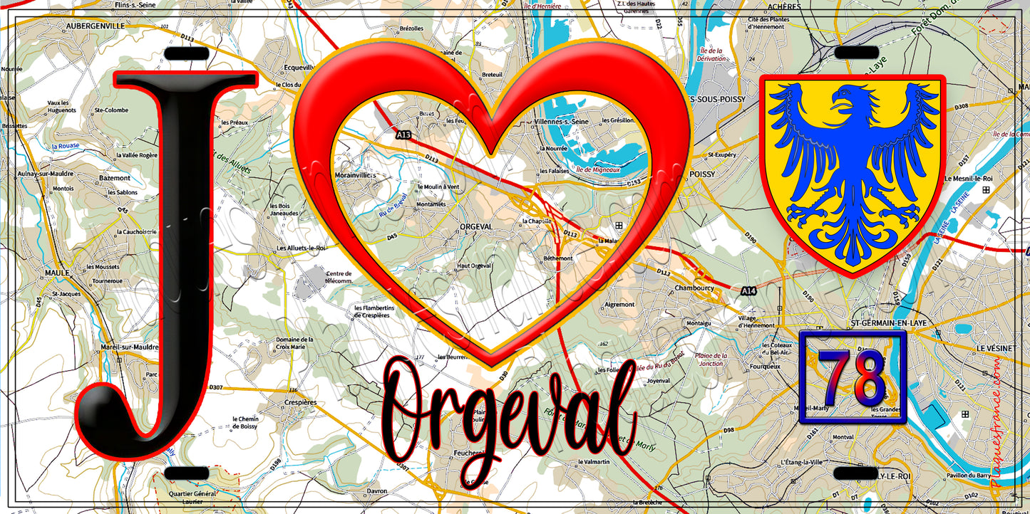 Plaque métal décorative J' ❤️ Orgeval, Yvelines (78) fond carte