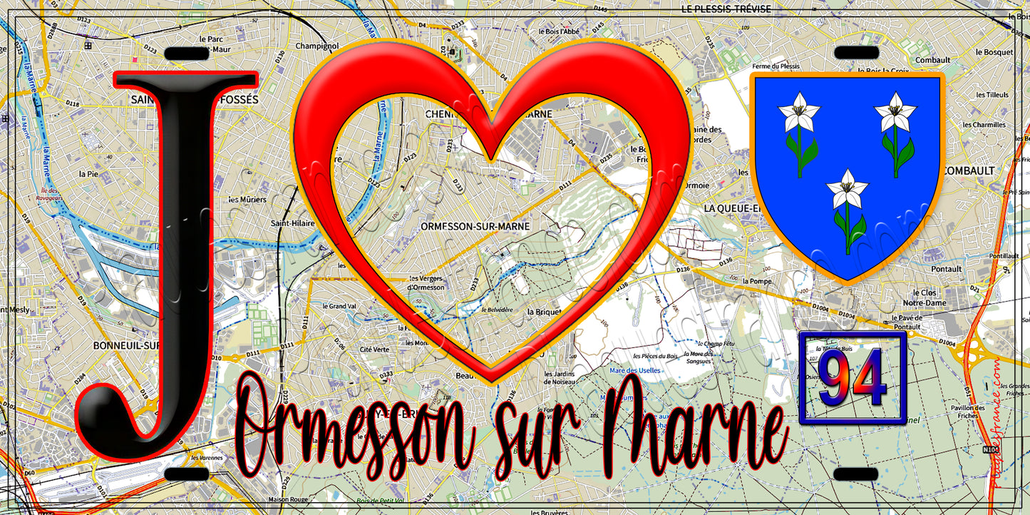 Plaque métal décorative J' ❤️Ormesson-sur-Marne, Val de Marne (94) fond carte