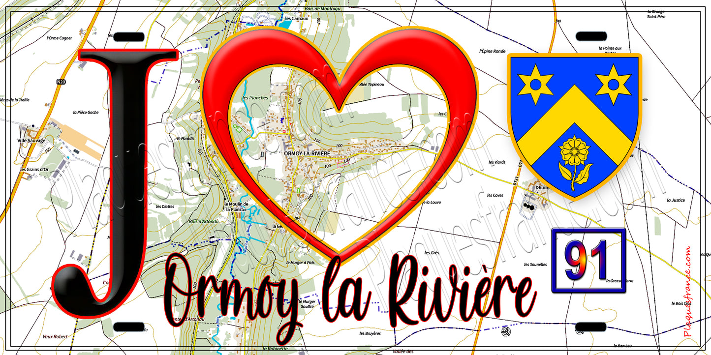 Plaque métal décorative J' ❤️Ormoy-la-Rivière, Essonne (91) fond carte