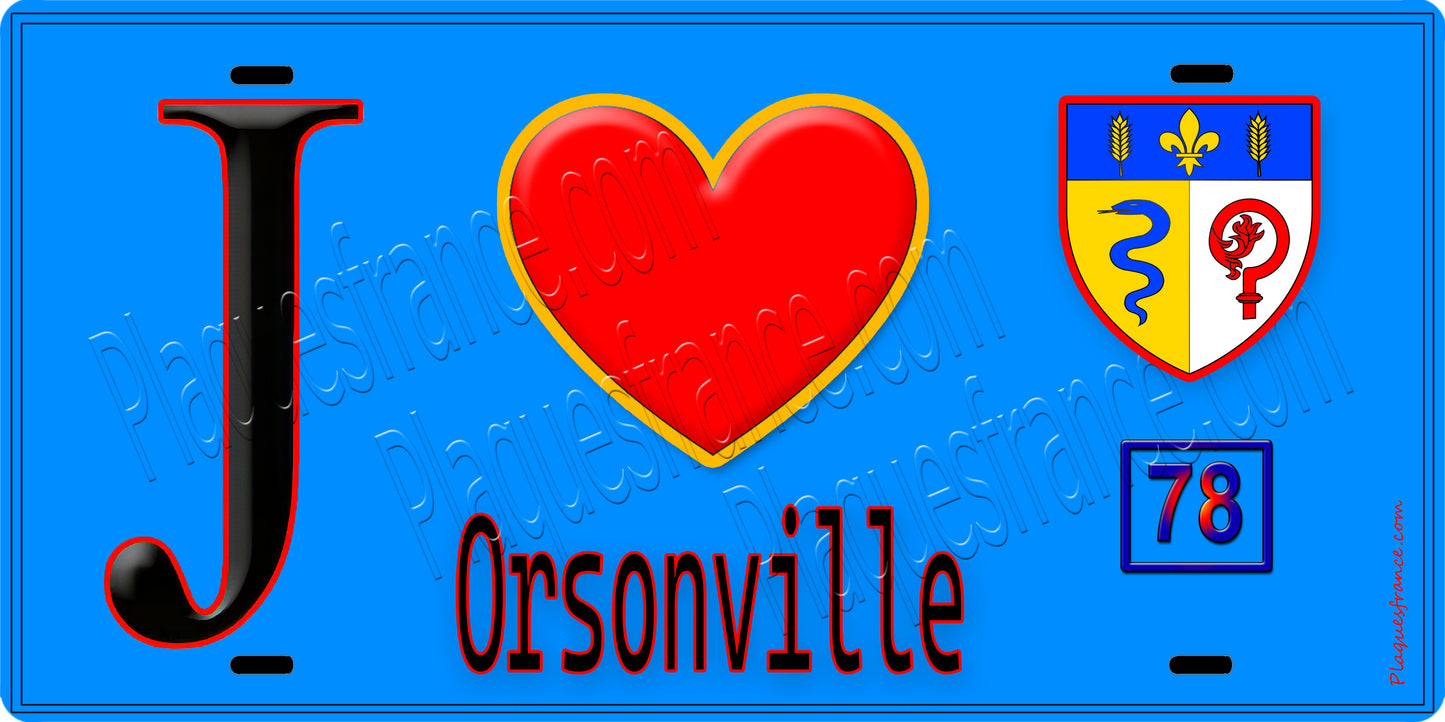 Plaque métal décorative J' ❤️ Orsonville, Yvelines (78) fond bleu