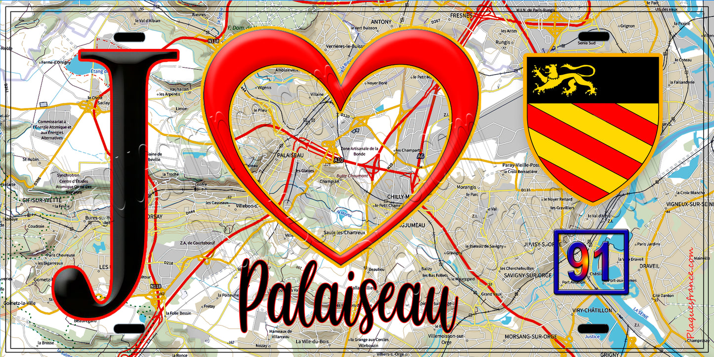 Plaque métal décorative J' ❤️Palaiseau, Essonne (91). fond carte
