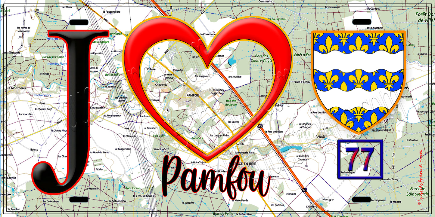 Plaque métal décorative J' ❤️Pamfou, Seine et Marne (77) fond carte
