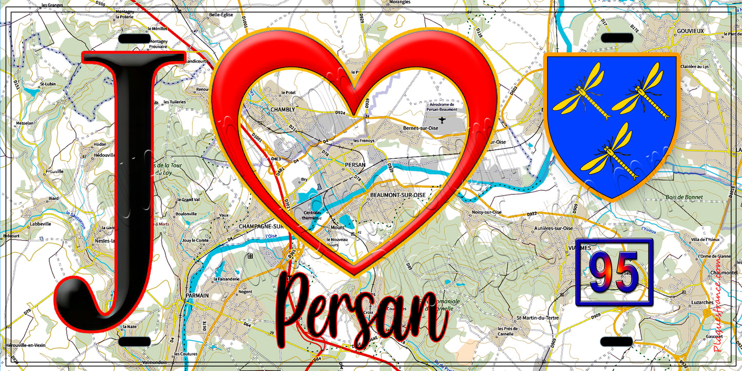 Plaque métal décorative J' ❤️Persan, Val d'Oise (95) fond carte