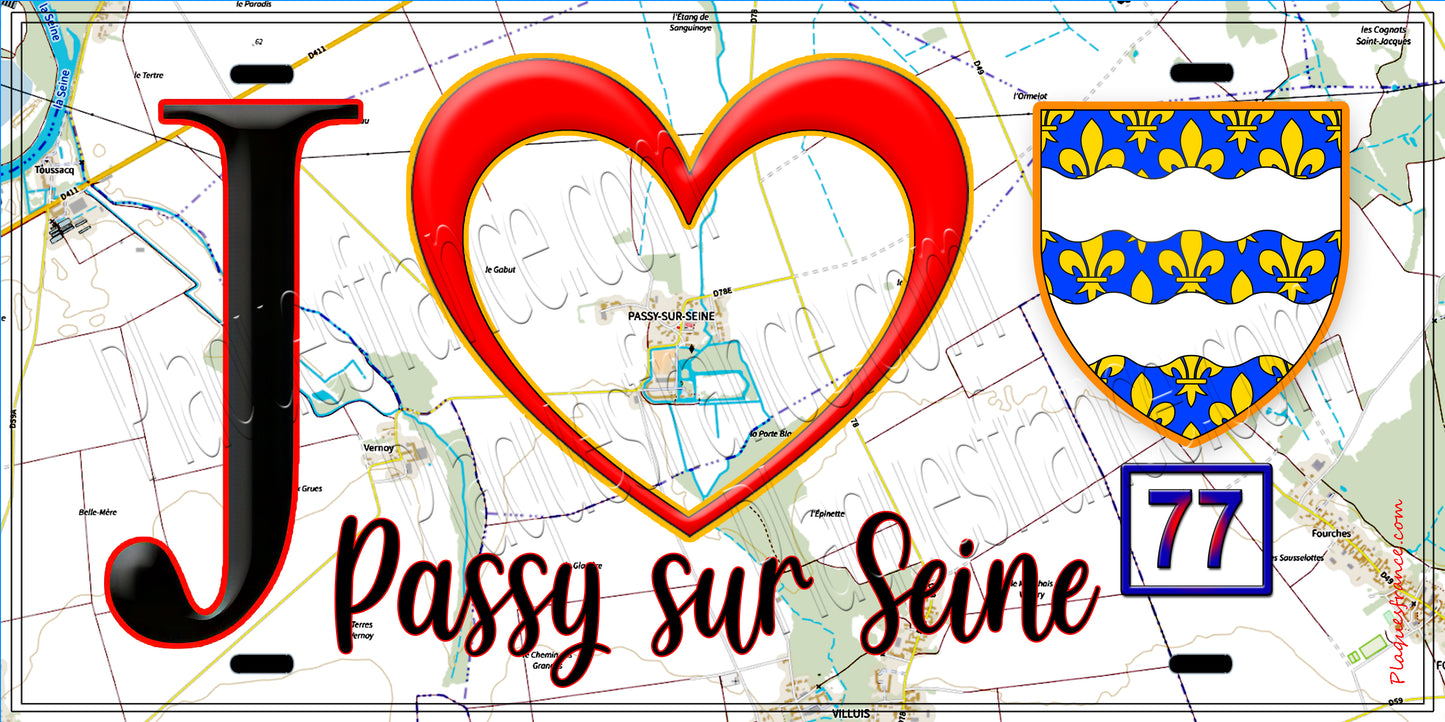 Plaque métal décorative J' ❤️Passy-sur-Seine, Seine et Marne (77) fond carte