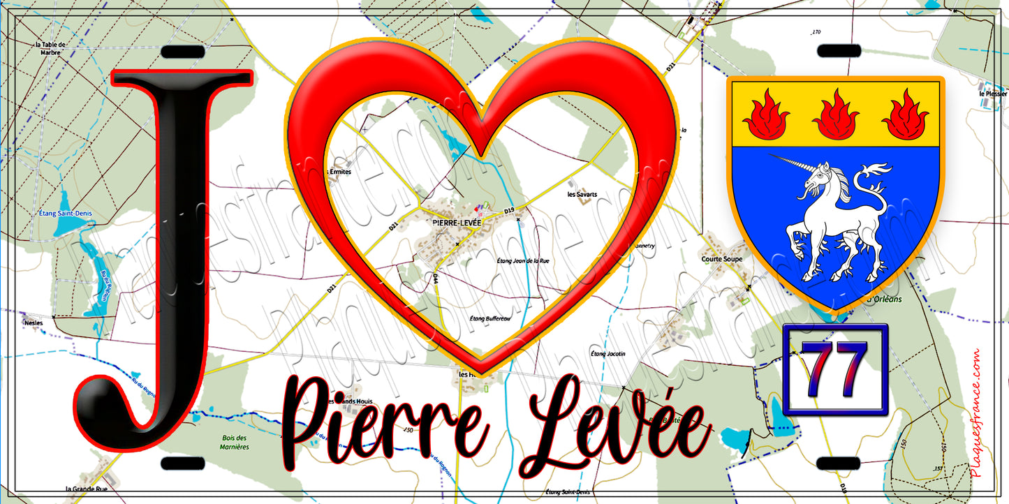 Plaque métal décorative J' ❤️Pierre-Levée, Seine et Marne (77) fond carte