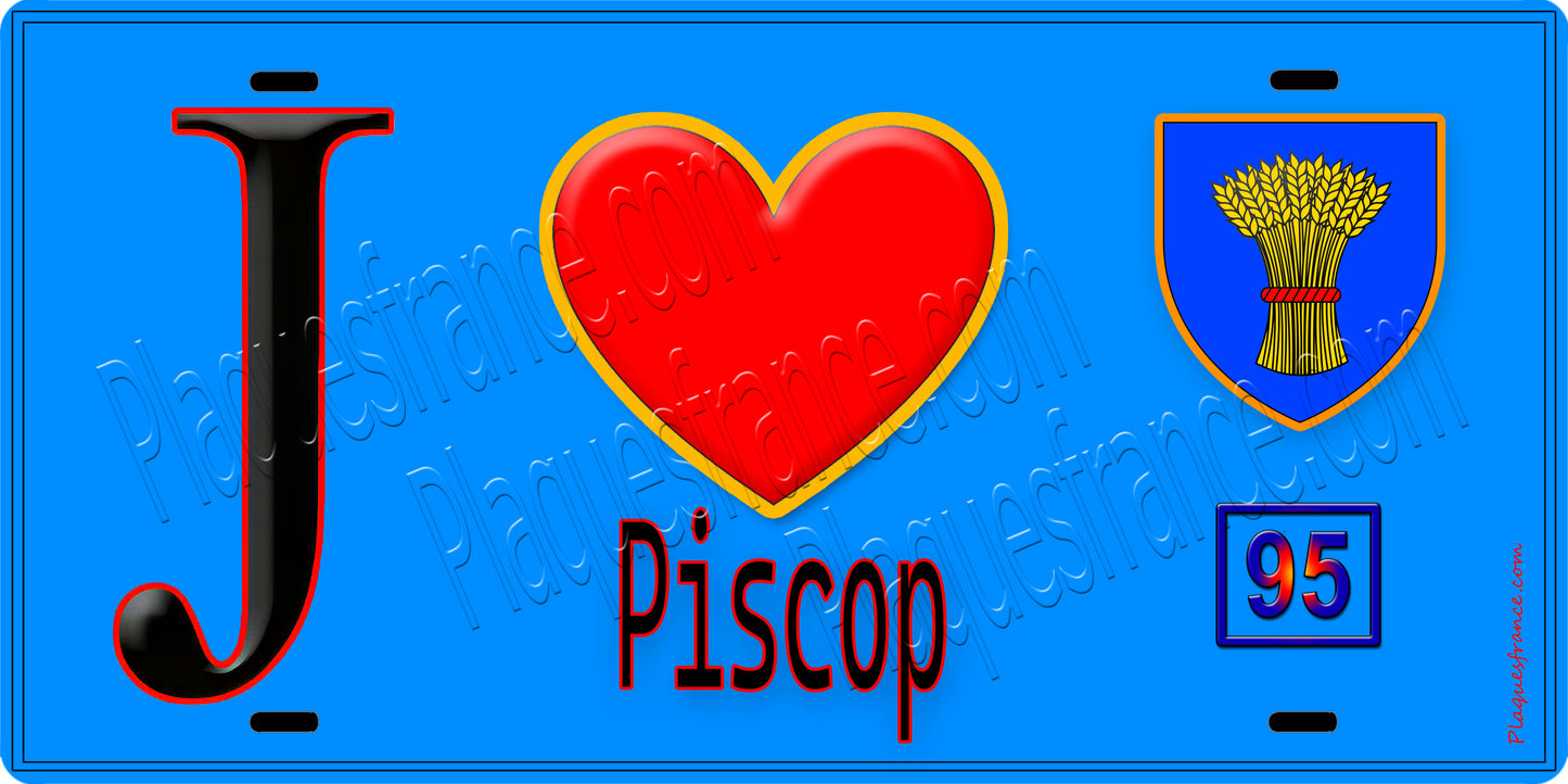 Plaque métal décorative J' ❤️Piscop, Val d'Oise (95) fond bleu