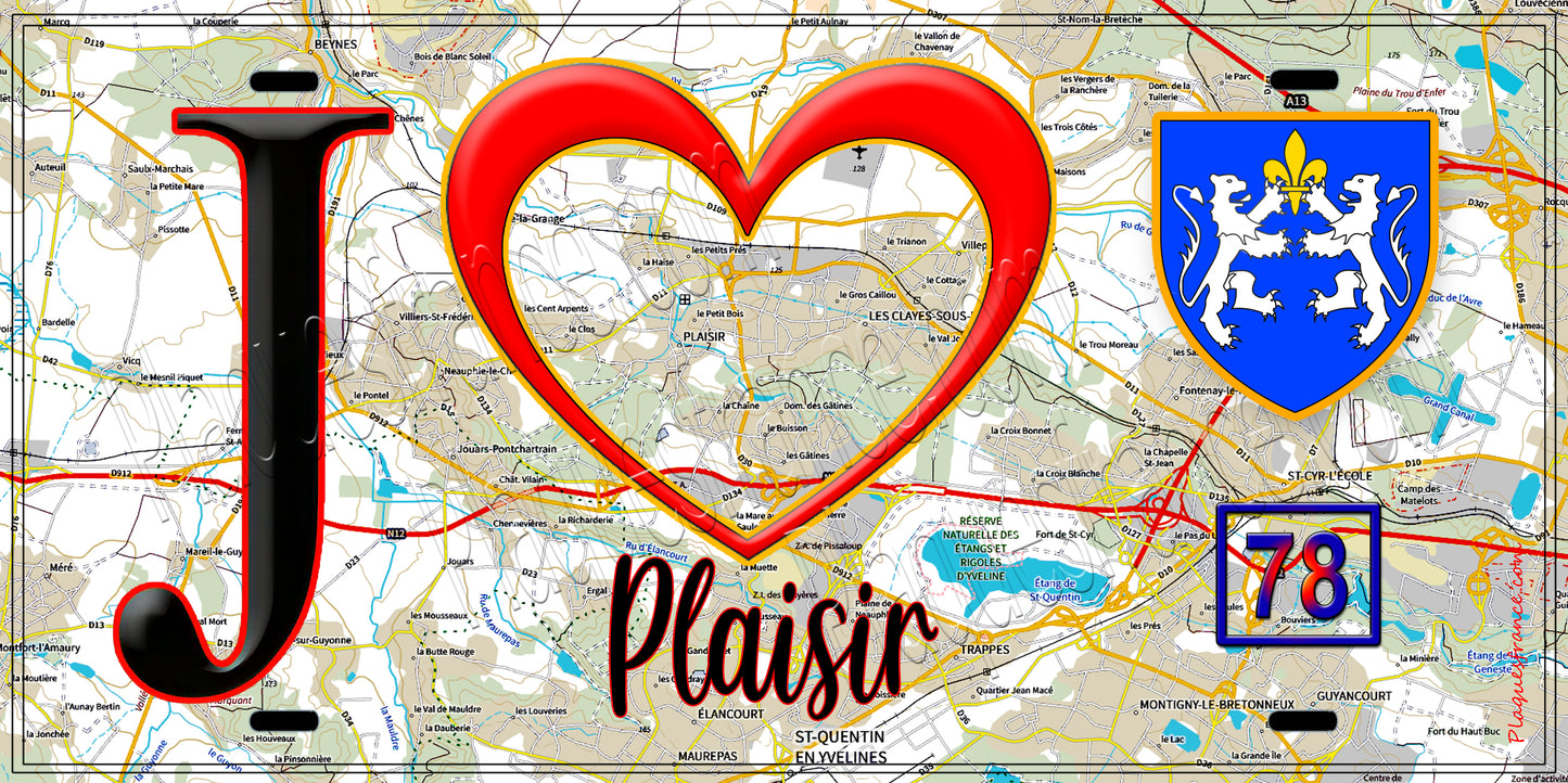 Plaque métal décorative J' ❤️ Plaisir, Yvelines (78) fond carte