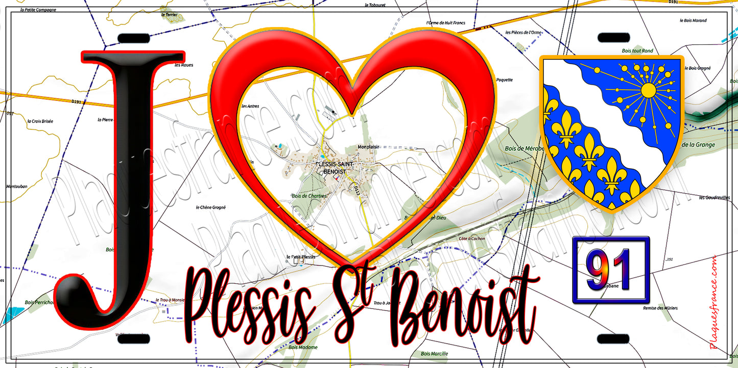 Plaque métal décorative J' ❤️Plessis-Saint-Benoist, Essonne (91) fond carte