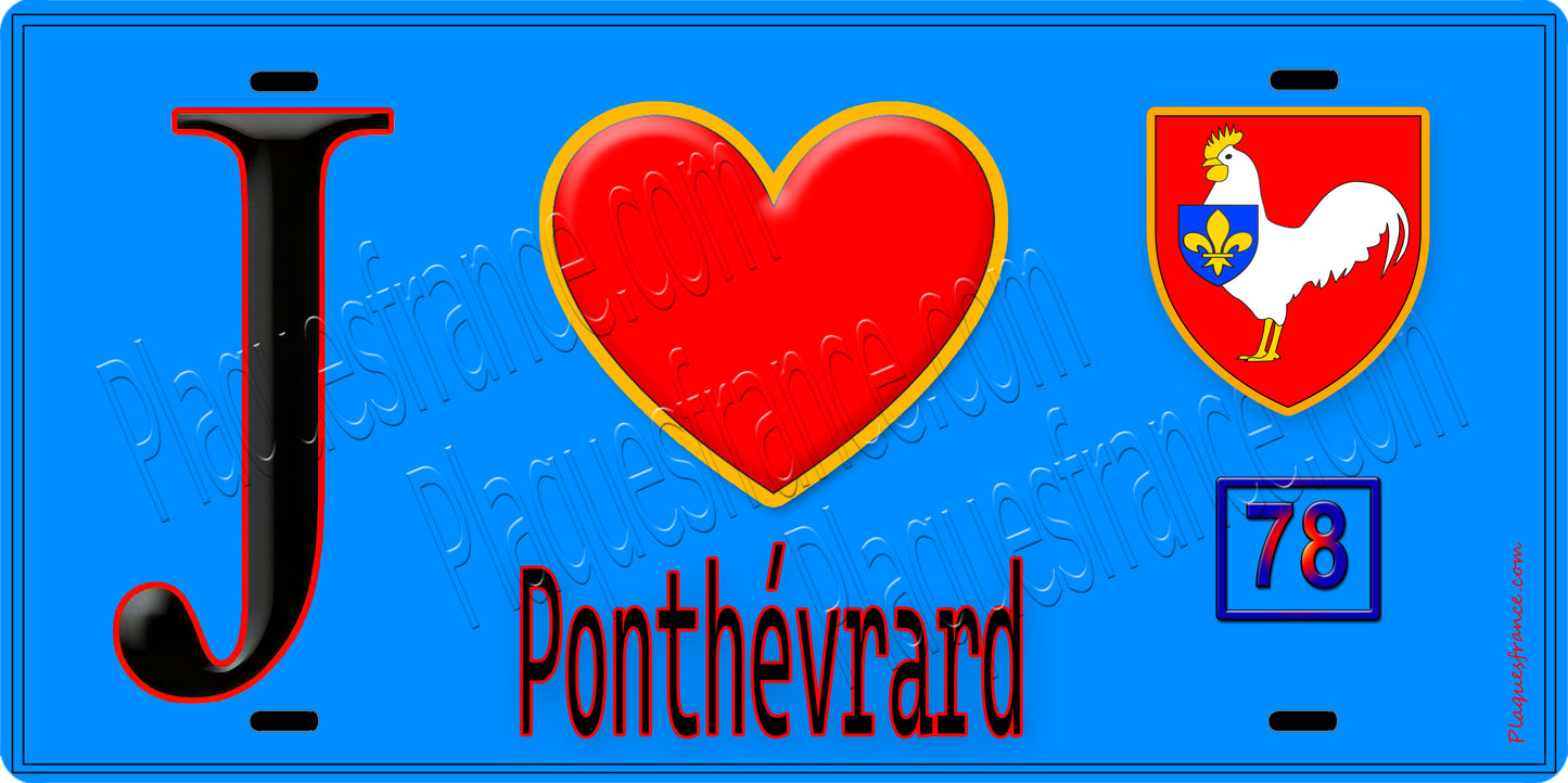 Plaque métal décorative J' ❤️ Ponthévrard, Yvelines (78) fond bleu