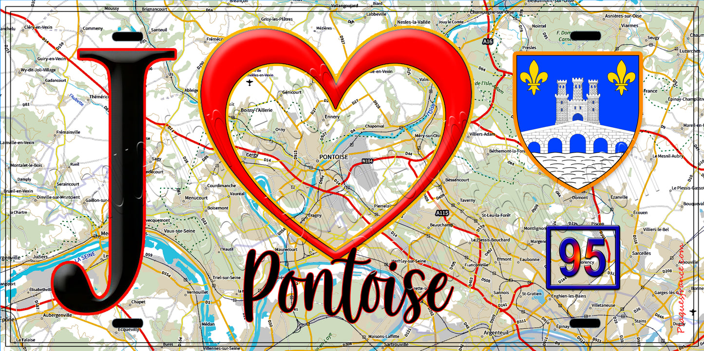 Plaque métal décorative J' ❤️Pontoise, Val d'Oise (95) fond carte