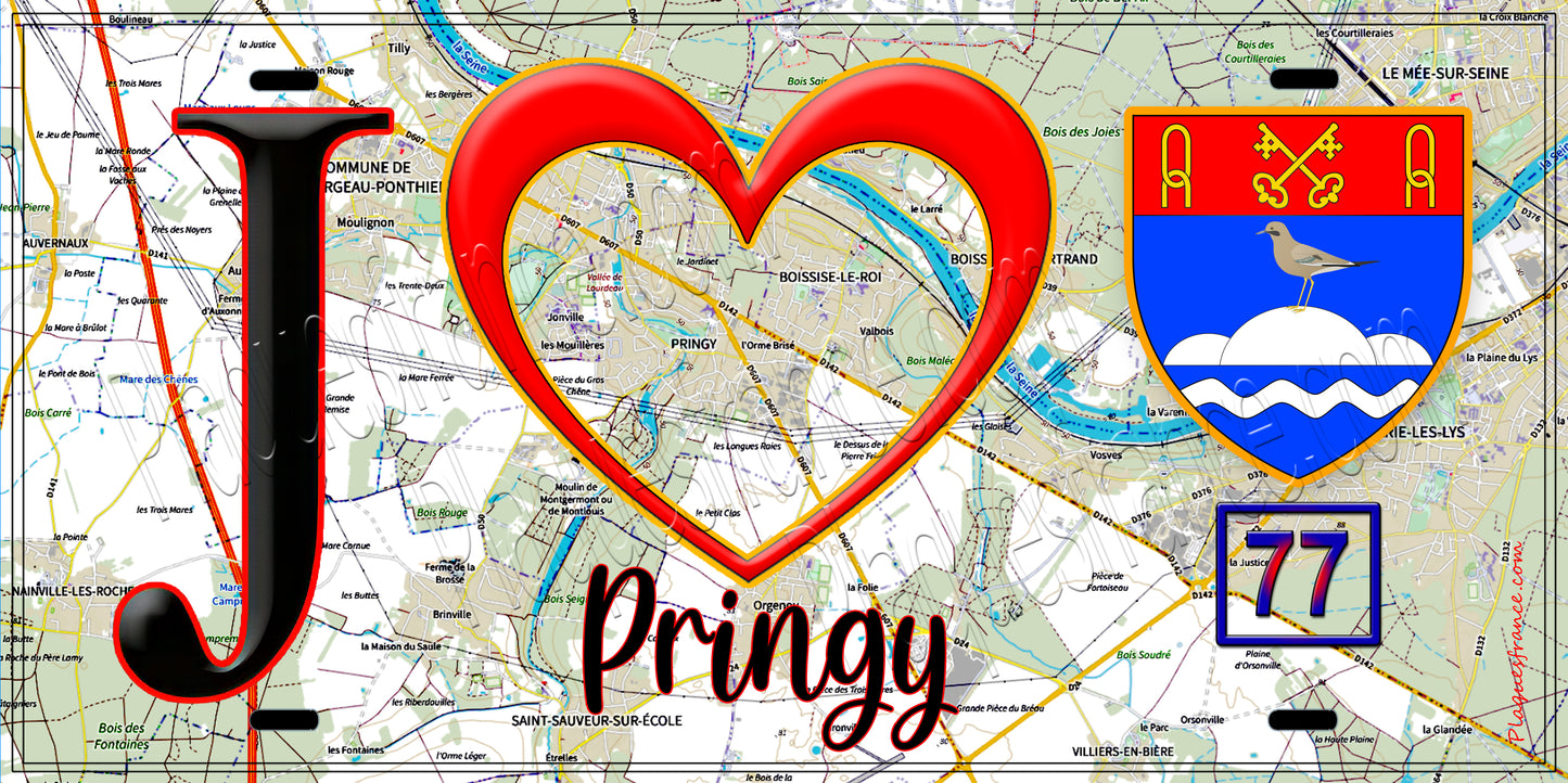 Plaque métal décorative J' ❤️Pringy, Seine et Marne (77) fond carte