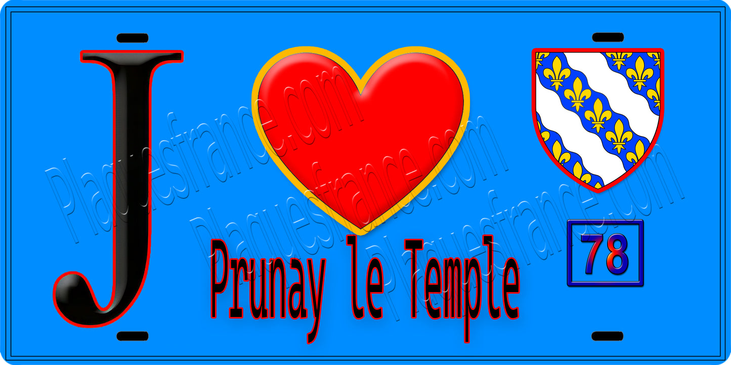 Plaque métal décorative J' ❤️ Prunay-le-Temple, Yvelines (78) fond bleu
