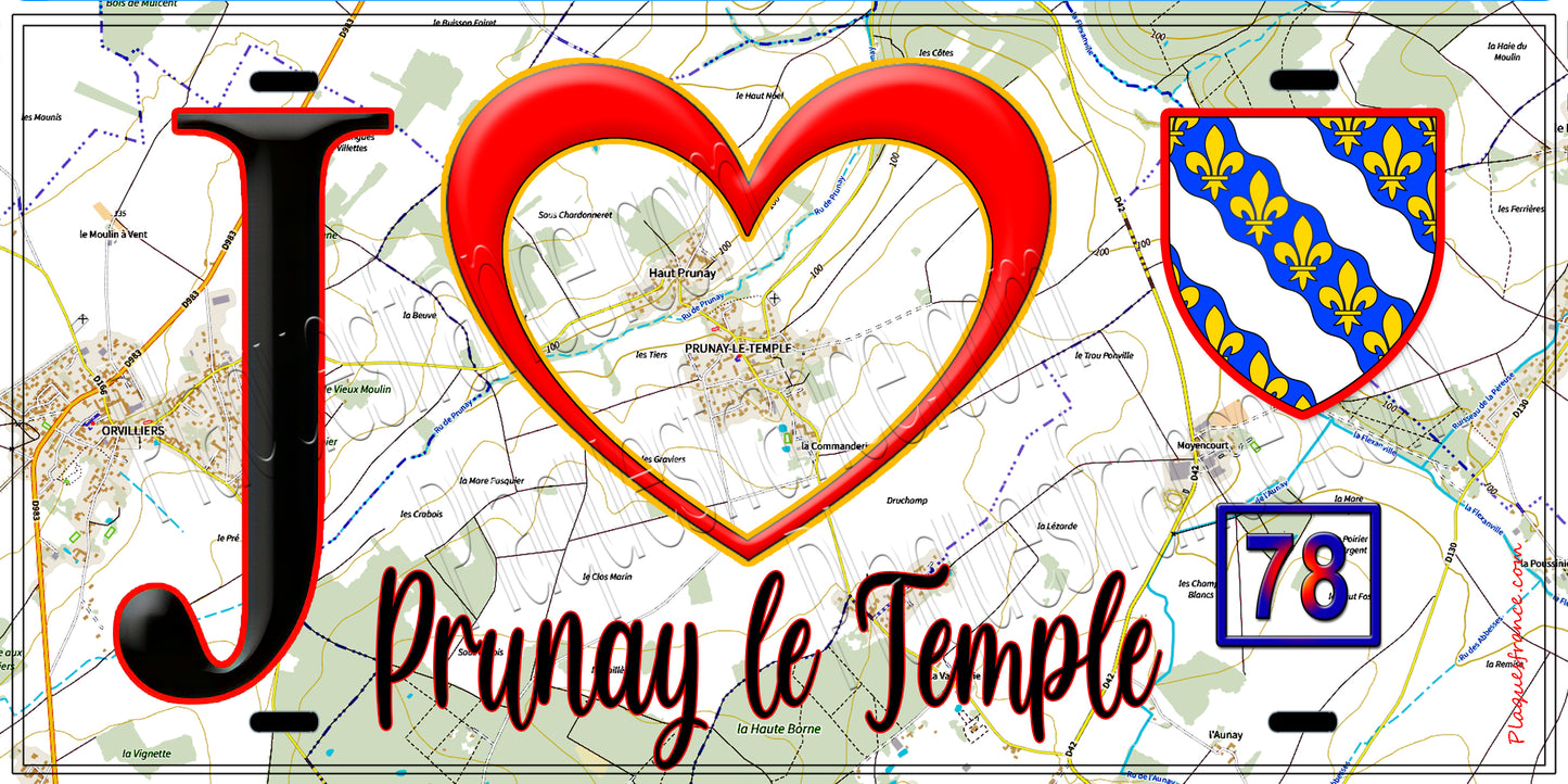 Plaque métal décorative J' ❤️ Prunay-le-Temple, Yvelines (78) fond carte
