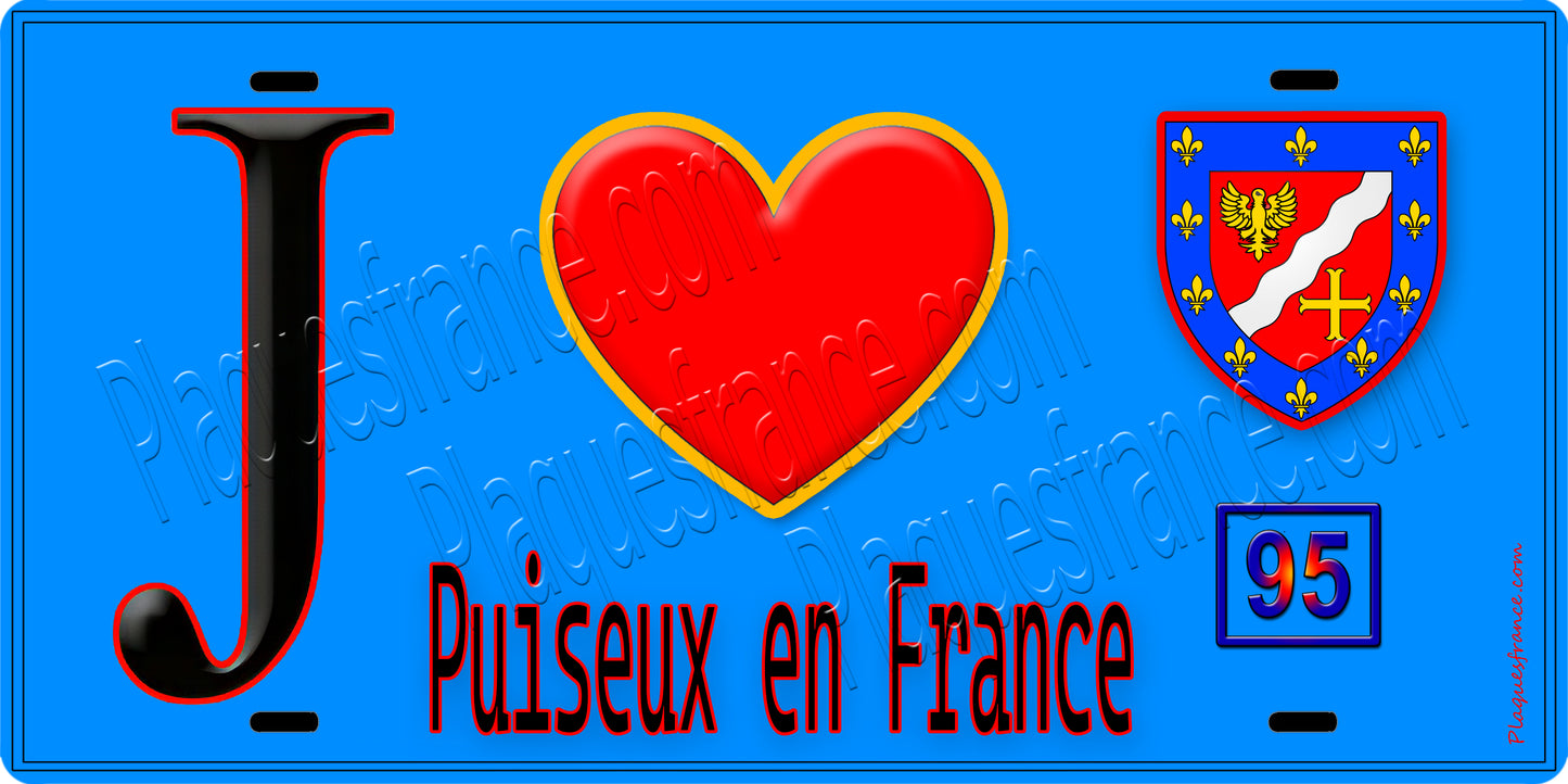 Plaque métal décorative J' ❤️Puiseux-en-France, Val d'Oise (95) fond bleu