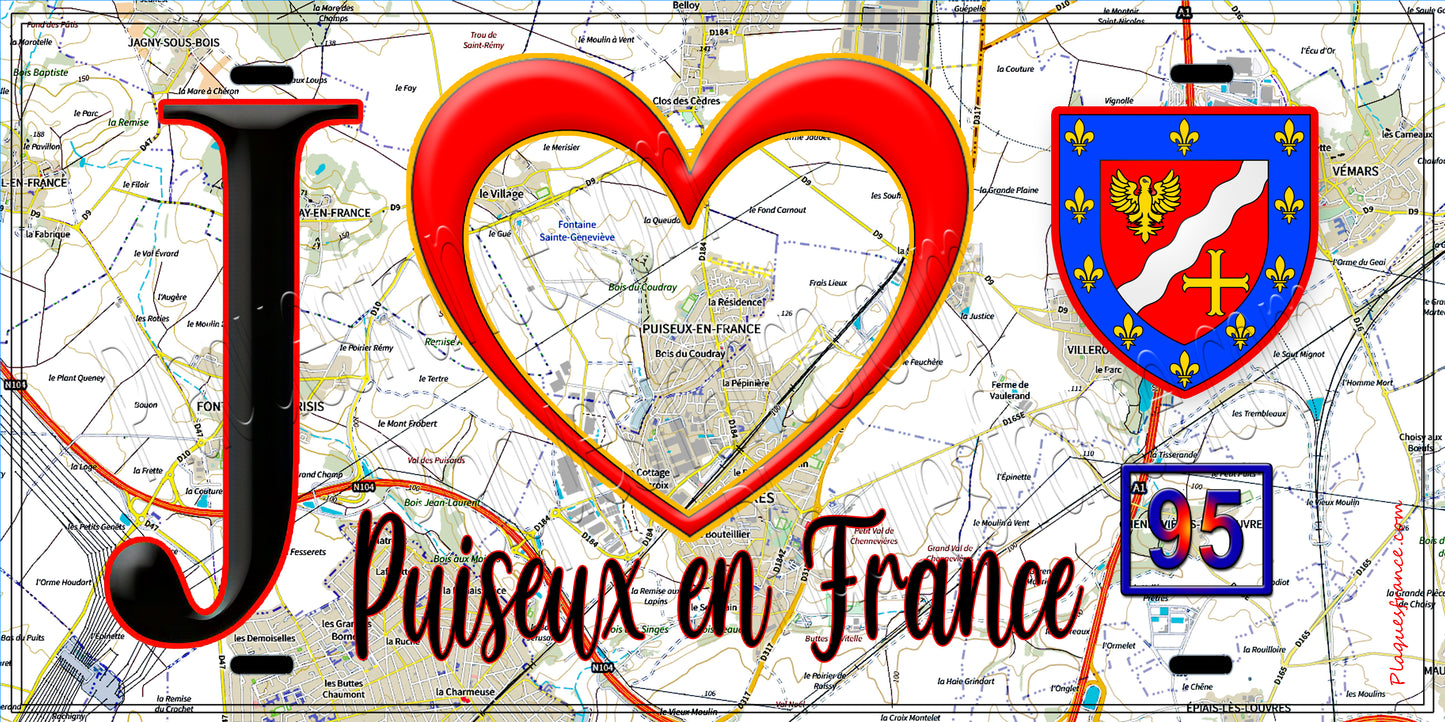 Plaque métal décorative J' ❤️Puiseux-en-France, Val d'Oise (95) fond carte