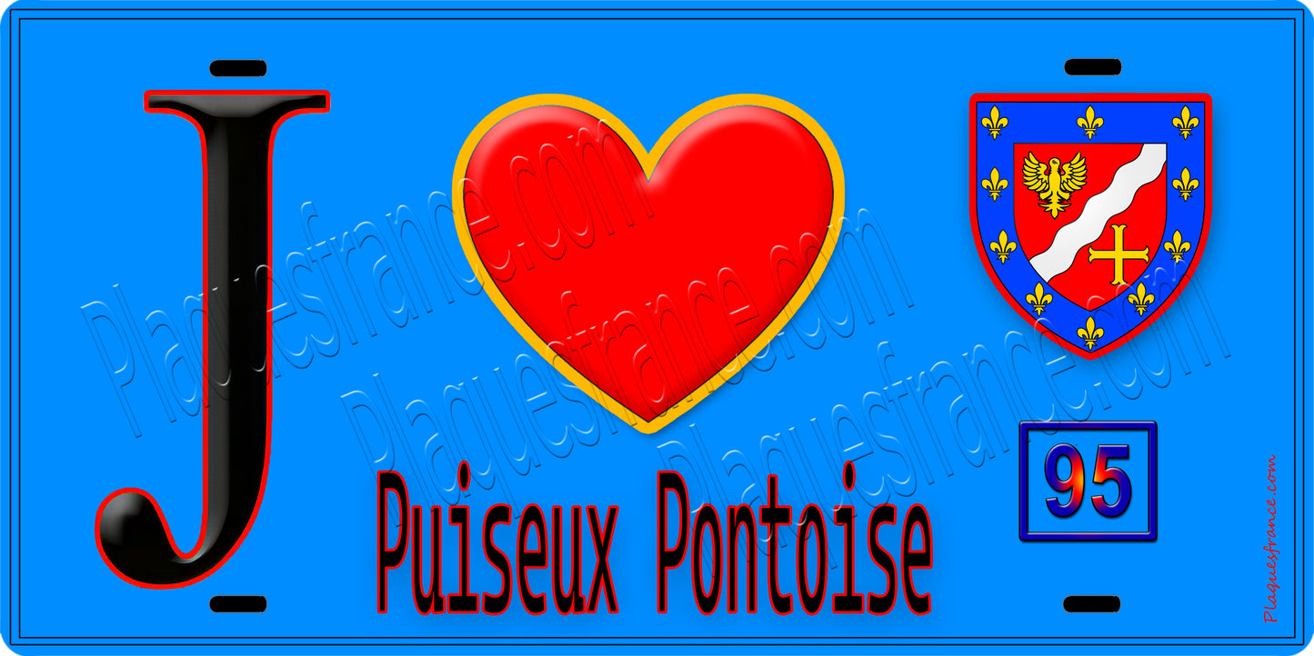 Plaque métal décorative J' ❤️Puiseux-Pontoise, Val d'Oise (95) fond bleu