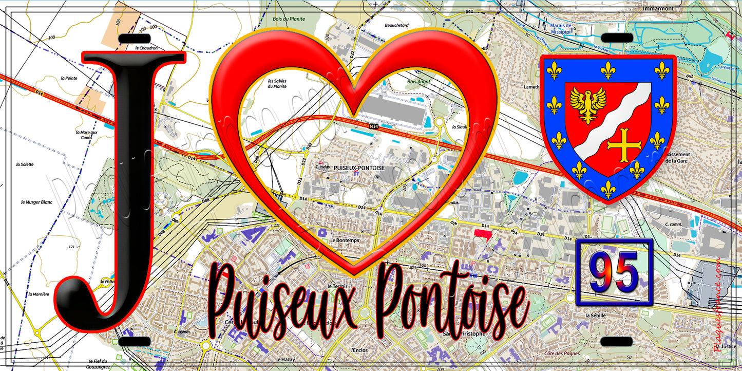 Plaque métal décorative J' ❤️Puiseux-Pontoise, Val d'Oise (95) fond carte