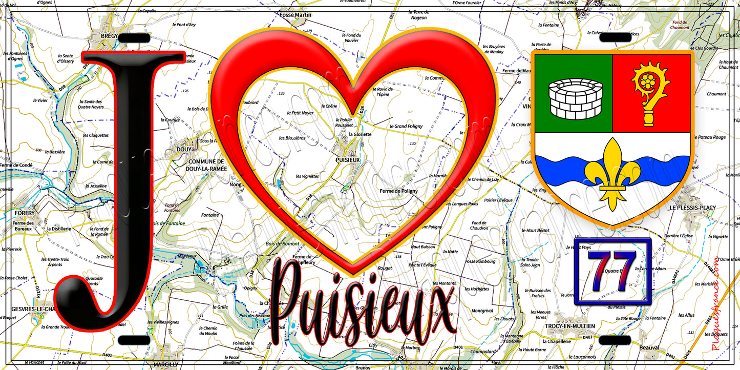Plaque métal décorative J' ❤️Puisieux, Seine et Marne (77) fond carte