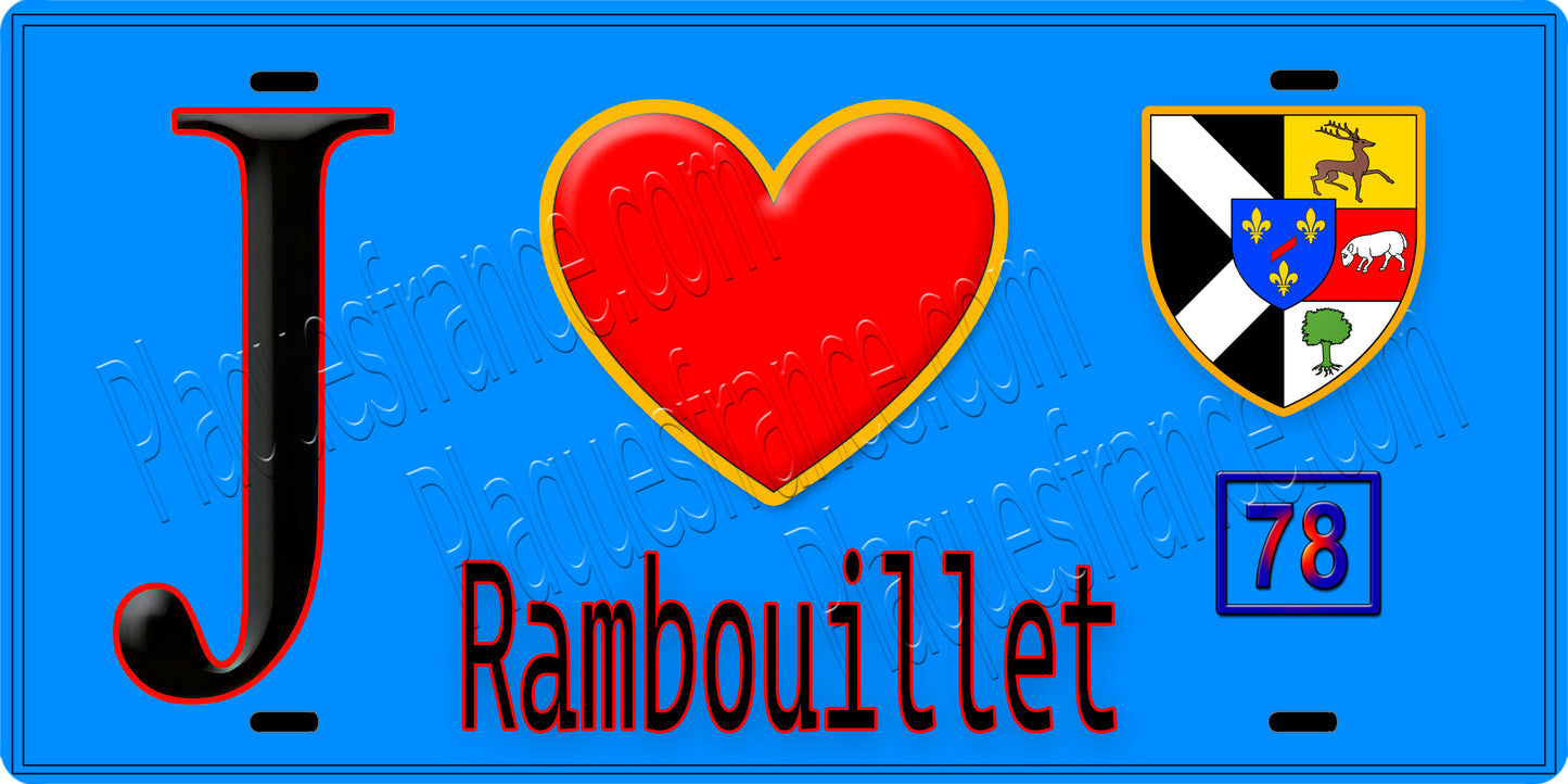 Plaque métal décorative J' ❤️ Rambouillet, Yvelines (78) fond bleu