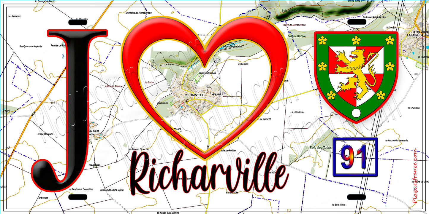 Plaque métal décorative J' ❤️Richarville, Essonne (91) fond carte