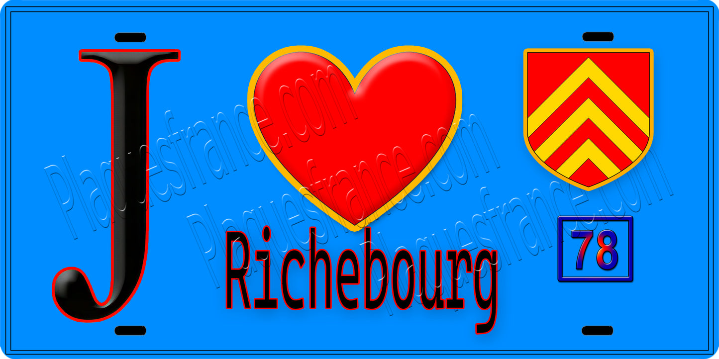 Plaque métal décorative J' ❤️ Richebourg, Yvelines (78) fond bleu