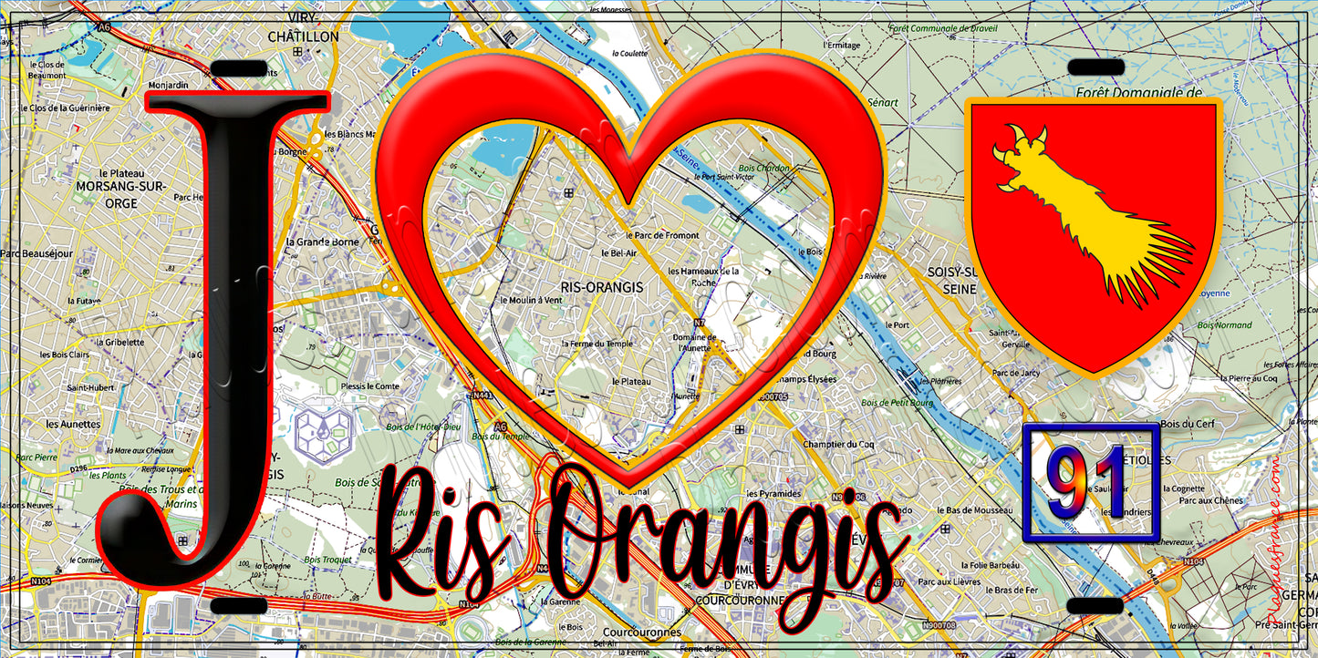 Plaque métal décorative J' ❤️Ris-Orangis, Essonne (91) fond carte