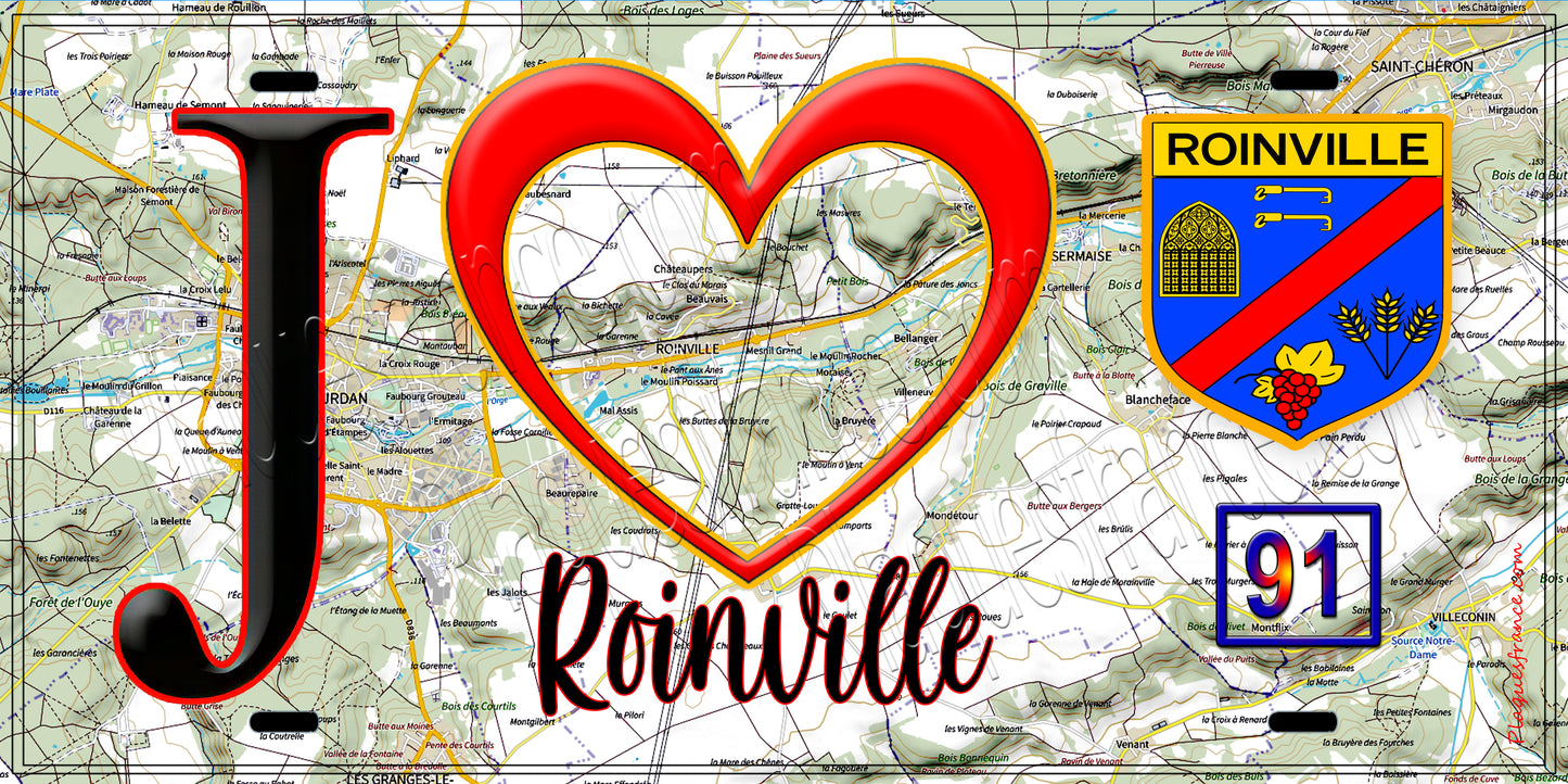 Plaque métal décorative J' ❤️Roinville, Essonne (91) fond carte