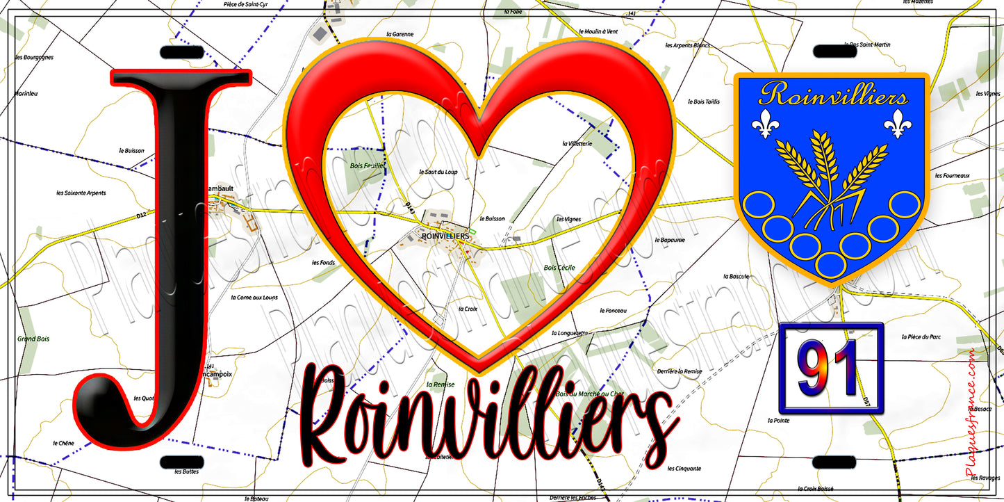 Plaque métal décorative J' ❤️Roinvilliers, Essonne (91) fond carte