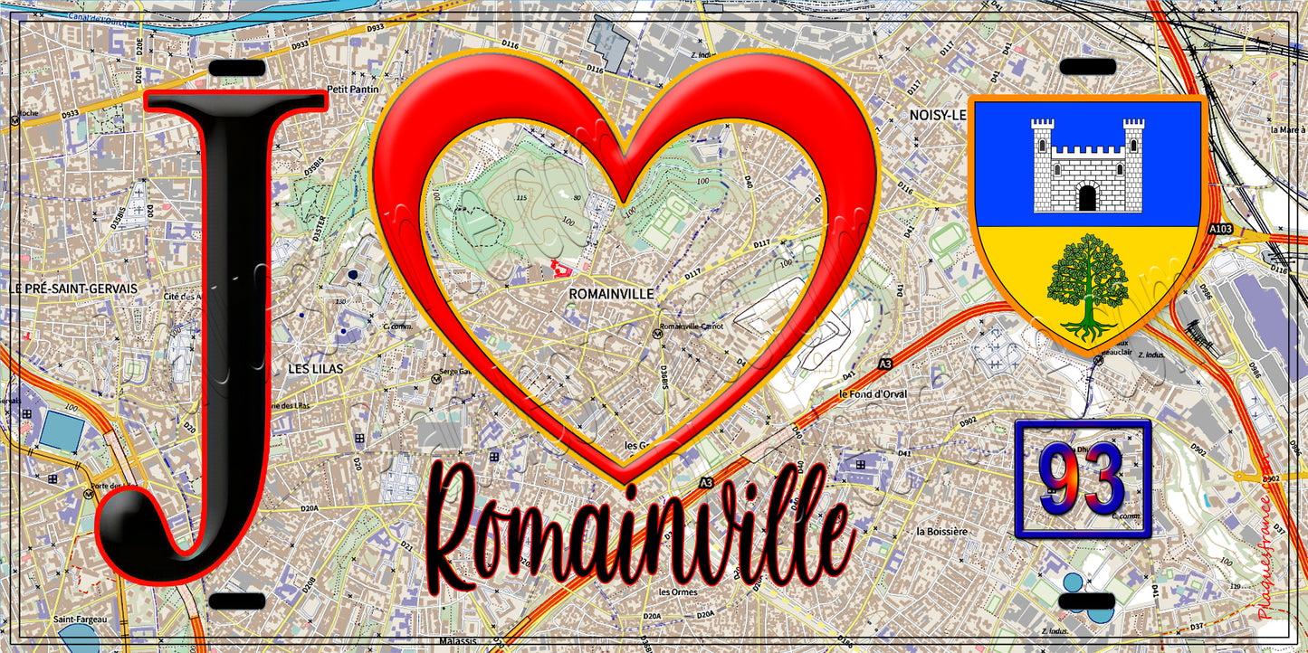 Plaque métal décorative J' ❤️Romainville, Seine Saint Denis (93) fond carte