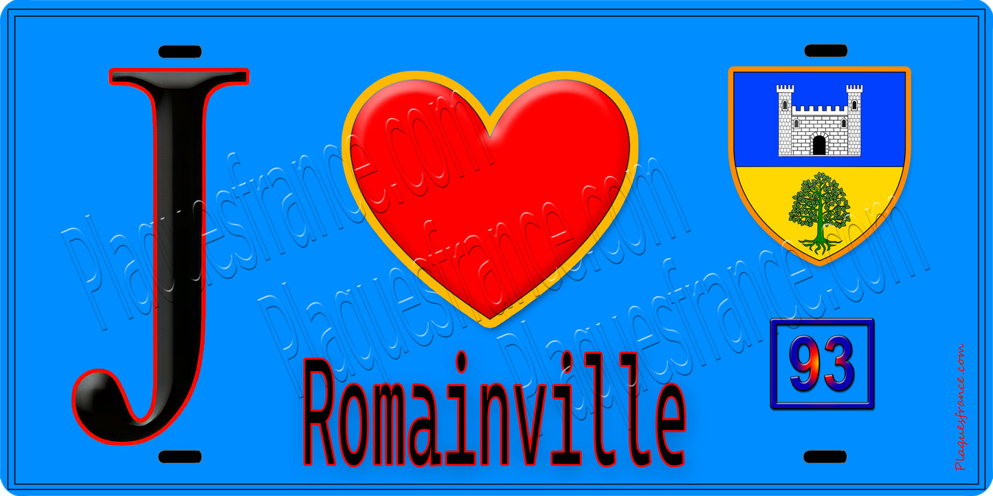 Plaque métal décorative J' ❤️Romainville, Seine Saint Denis (93) fond bleu