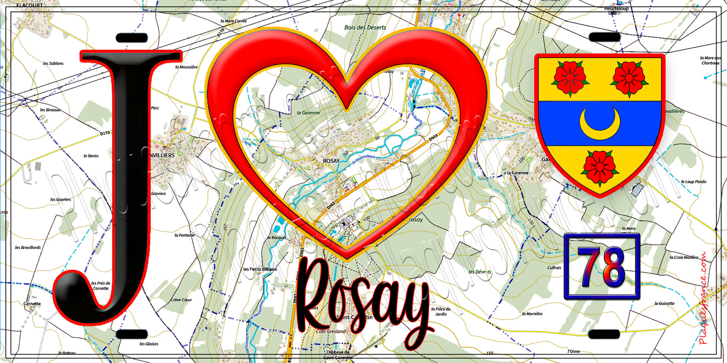 Plaque métal décorative J' ❤️ Rosay, Yvelines (78) fond carte