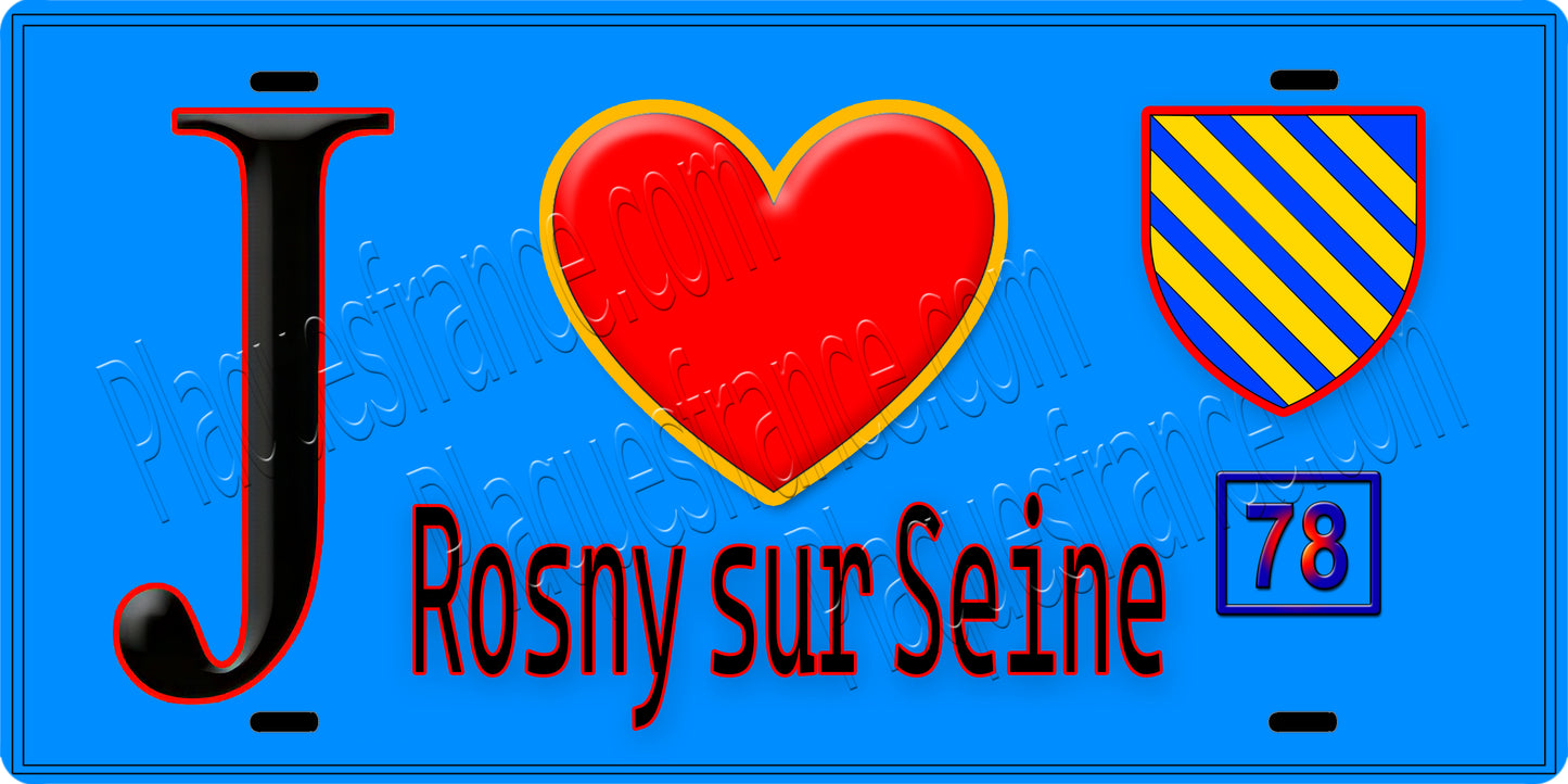 Plaque métal décorative J' ❤️ Rosny-sur-Seine, Yvelines (78) fond bleu