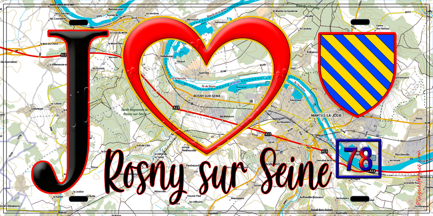 Plaque métal décorative J' ❤️ Rosny-sur-Seine, Yvelines (78) fond carte