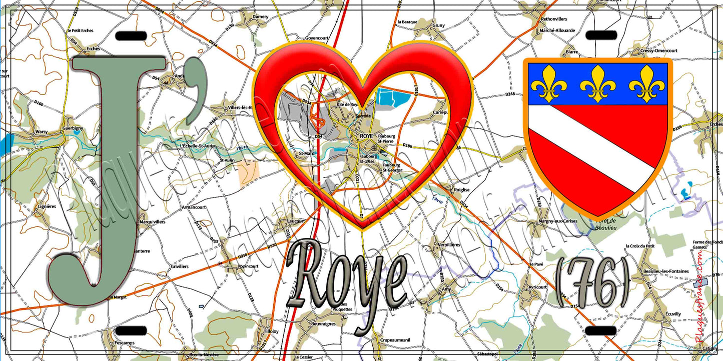 Plaque métal décorative 15X30 J' ❤️ Roye, Somme (80) géo