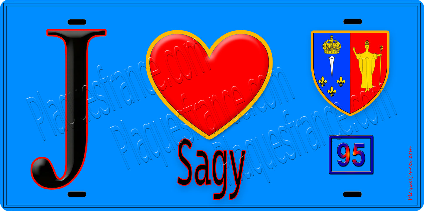 Plaque métal décorative J' ❤️Sagy, Val d'Oise (95) fond bleu