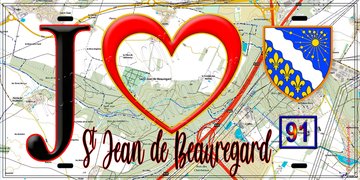 Plaque métal décorative J' ❤️Saint-Jean-de-Beauregard, Essonne (91) fond carte